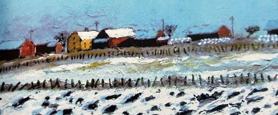 målning. färgstarka hus vid horisonten. I förgrunden en åker som smälter fram ur snön. 
