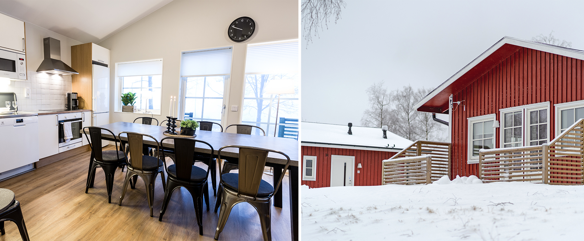 En röd stuga med snö utanför och en interiör bild från stugan med ett bord och stolar, kök med spis och diskbänk.