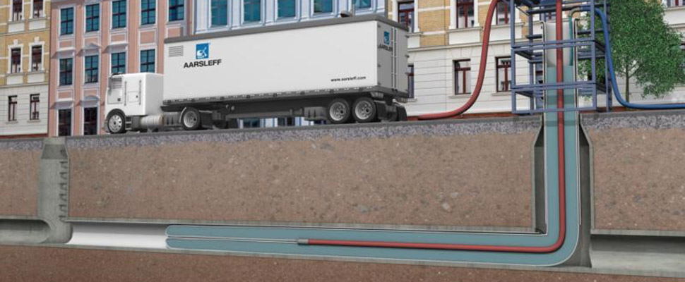 Relining med lastbil som skickar ned en strumpa i avloppsledning