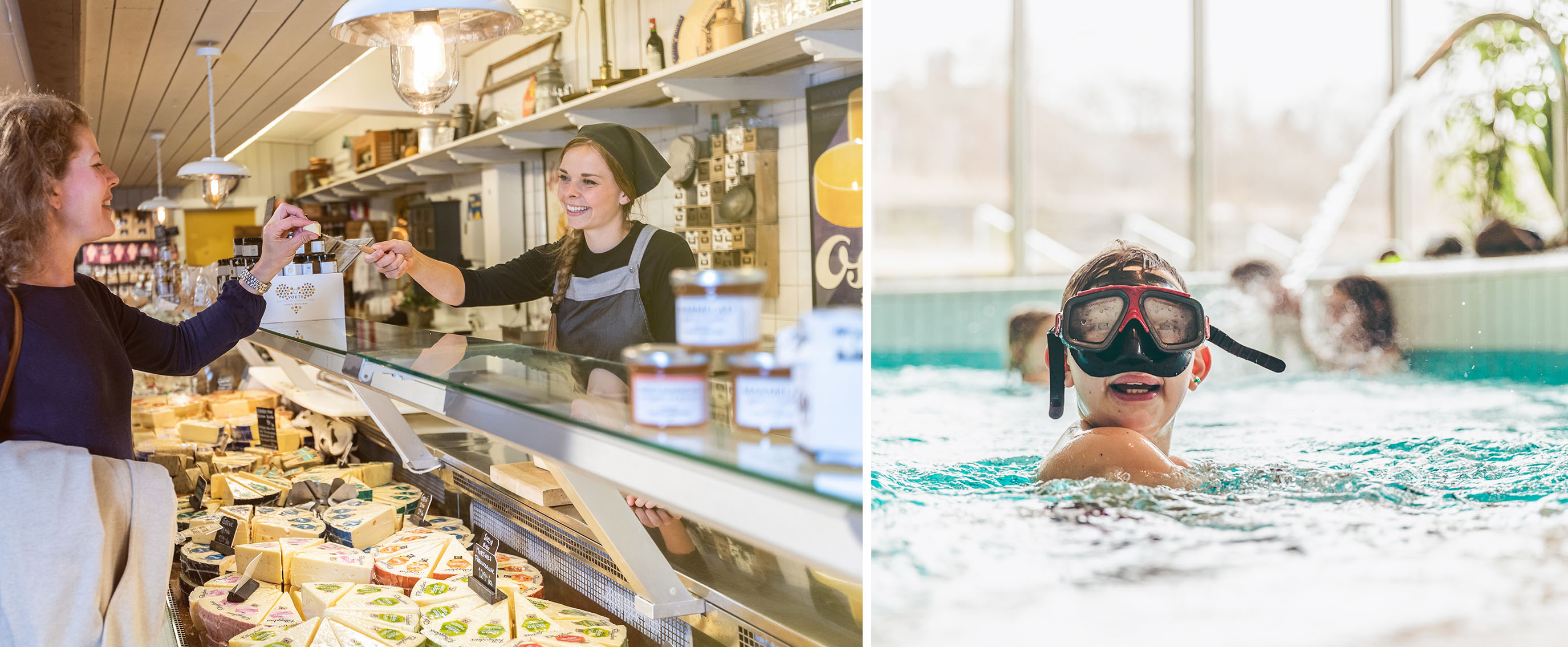 Two pictures. A woman buying cheese from a clerk. The second picture a child wearing swimming goggles and swimming in a pool.
