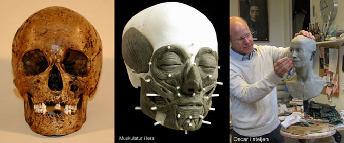 Tre bilder som visar hur Hallonflickans kranium blir till ett ansikte