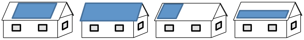 Illustration av fyra hus med korrekt placerade solceller på taket.
