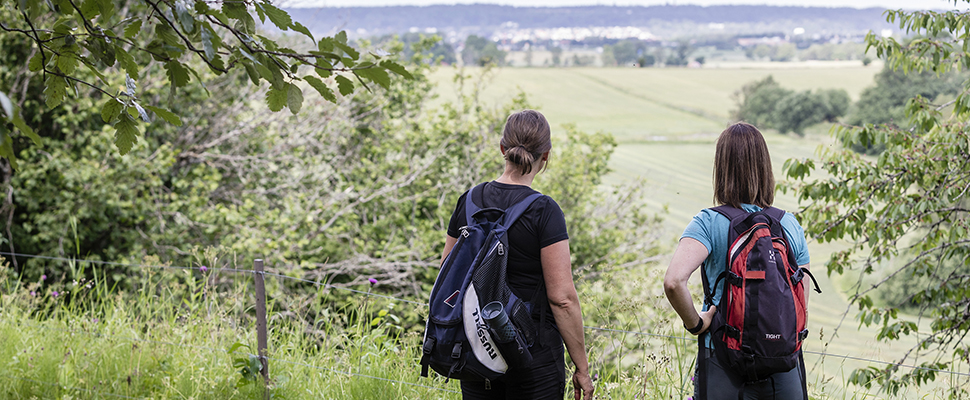 Två personer med ryggsäck står på Ålleberg och blickar ut över ett grönskande landskap.