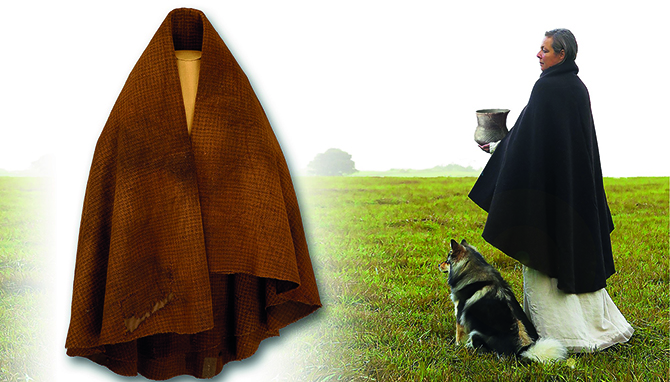 kollage bestående av foto på den bruna manteln samt manteln buren av en kvinna med en hund vid fötterna