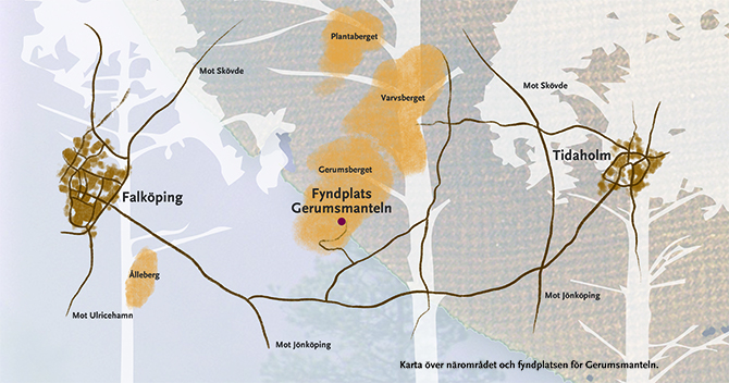 karta över Falbygden med Gerumsberget och fyndplatsen utmärkt